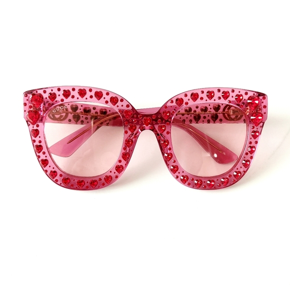 Gucci GG0116S Pink Oversized Embellished Sunglasses Ruby Red Crystal Hearts - Picture 6 of 17